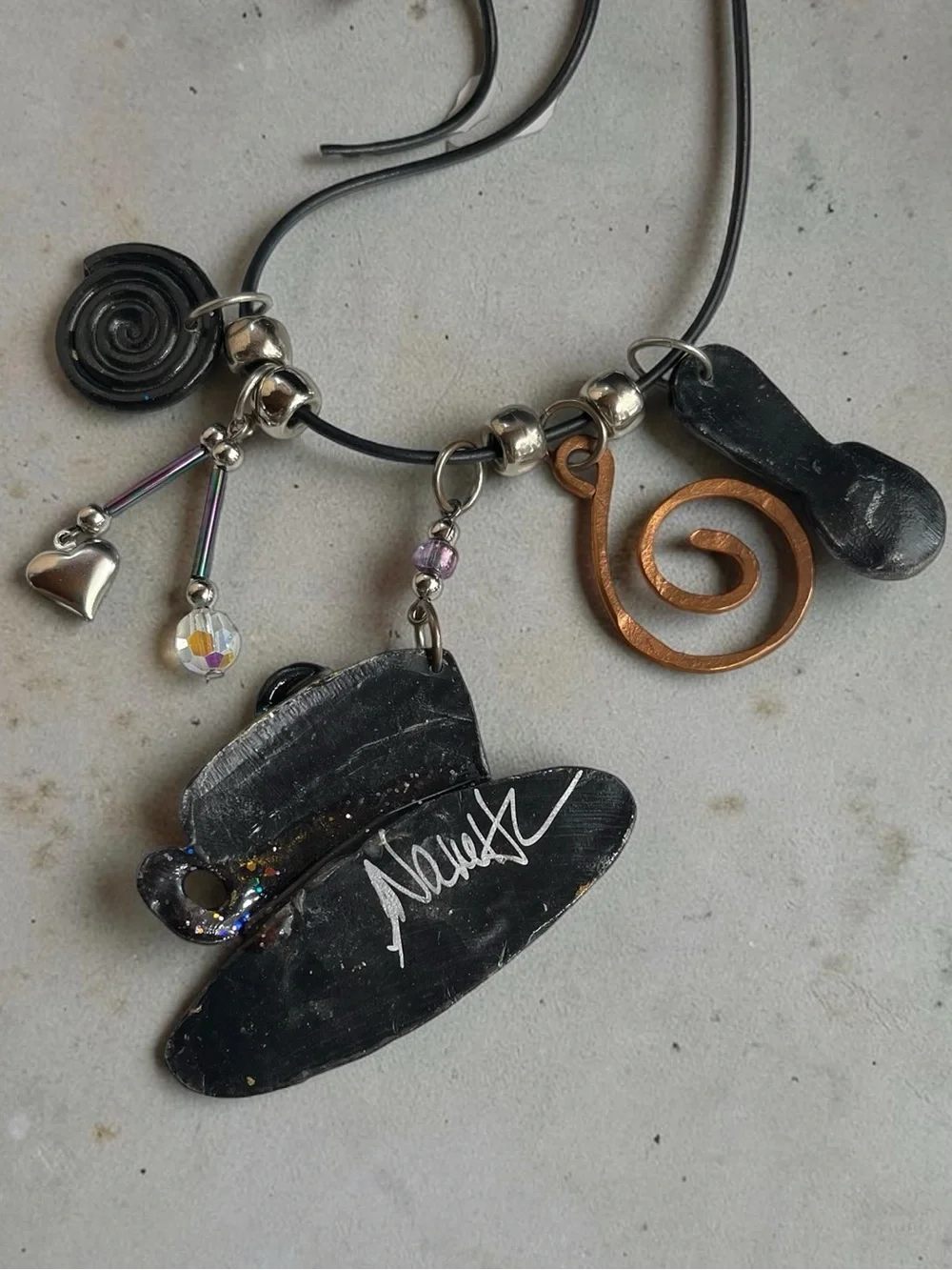 Signed Nanette Mixed Media Sculptural Art Pendants on Leather Cord Necklace